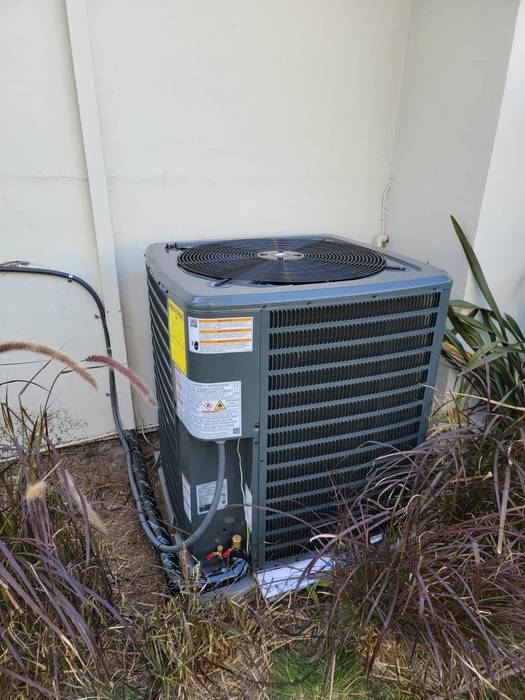 HVAC exterior unit sitting among vegetations in the yard of a home.