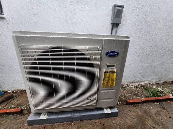 Carrier-branded exterior unit outside a home.