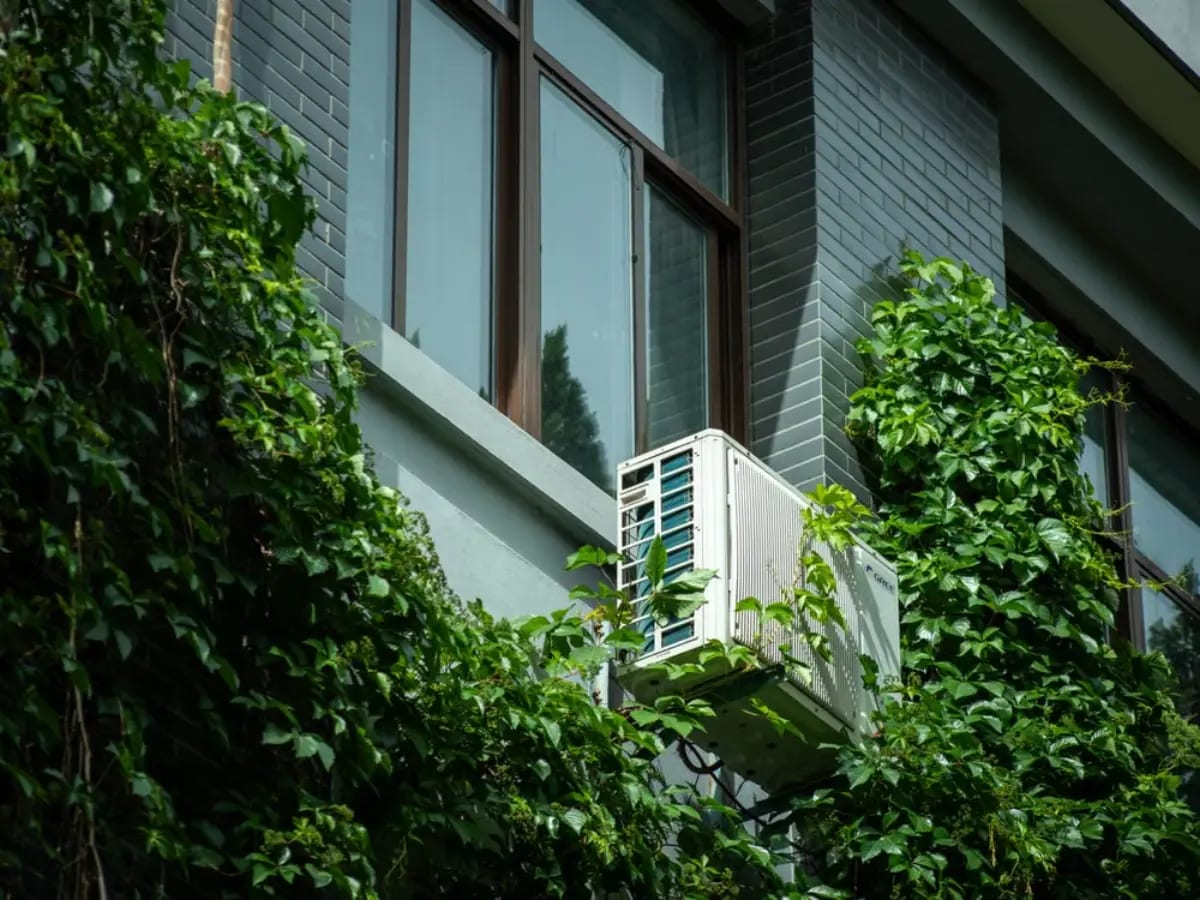 Air conditioner on green leaf covered wall.